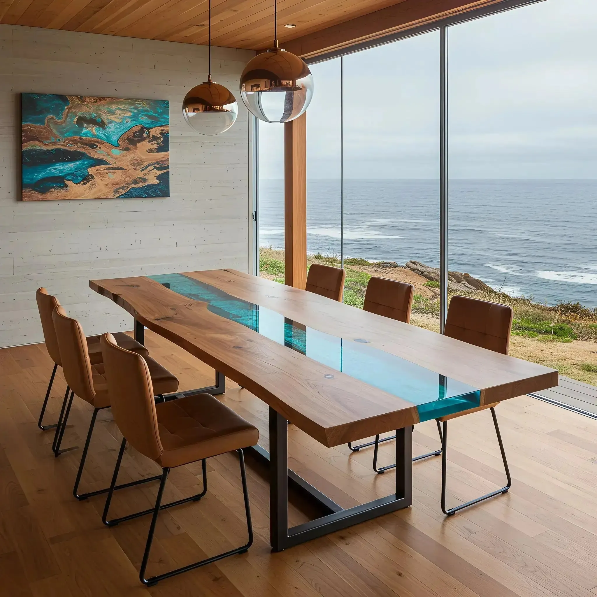 Home epoxy river dining table walnut blue resin metal legs 4