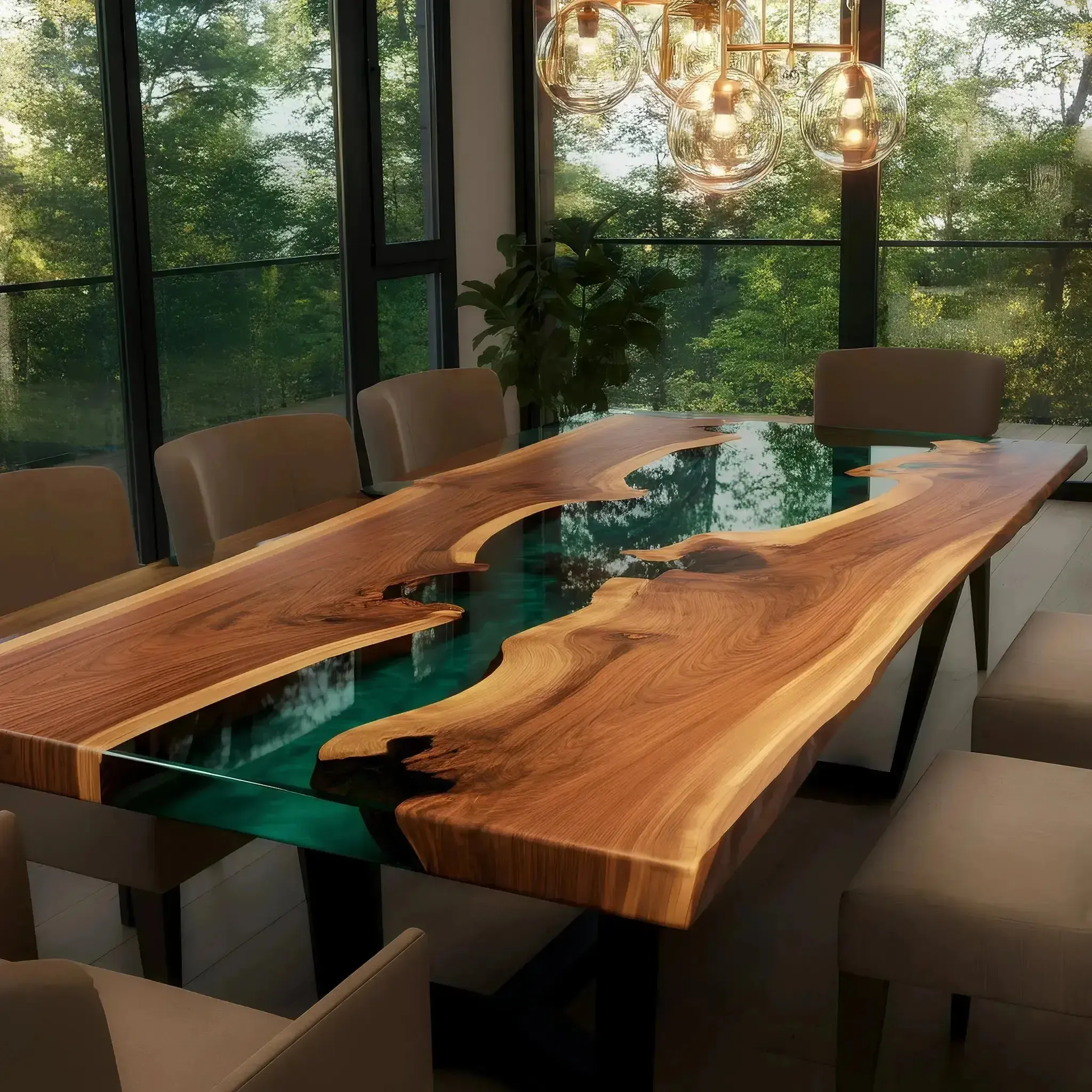 Home epoxy river dining table walnut wood green resin u shaped legs modern dining room