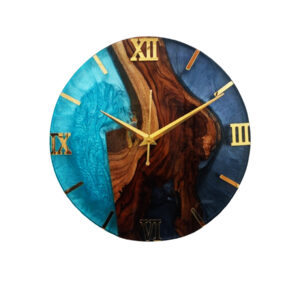 natural teak wood & ocean blue epoxy resin wall clock
