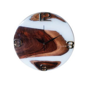 teak wood & white marble effect epoxy wall clock