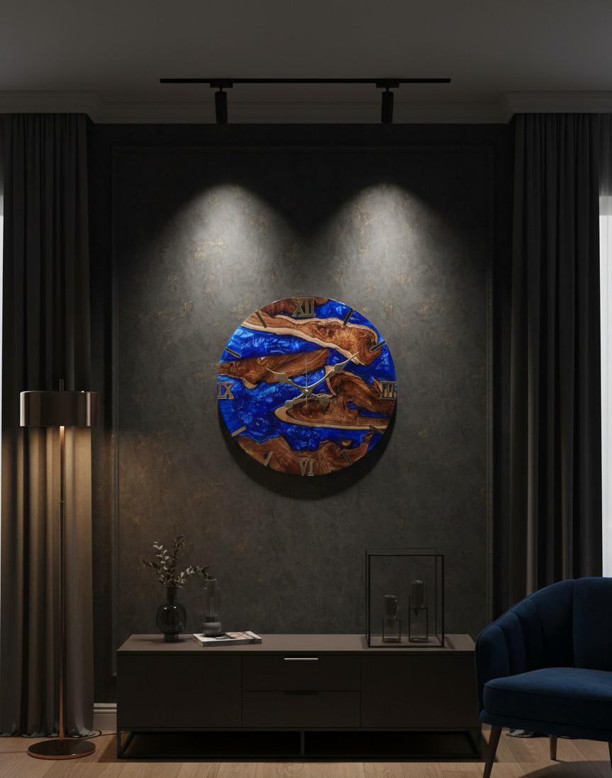 rustic teak wood & deep blue epoxy resin wall clock rustic teak wood & deep blue epoxy resin wall clock