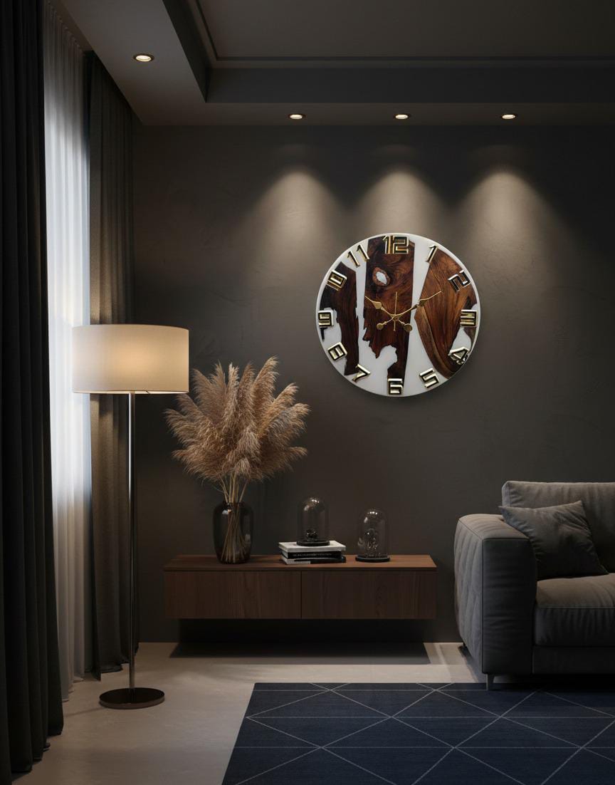 teak wood & white marble effect epoxy wall clock teak wood & white marble effect epoxy wall clock