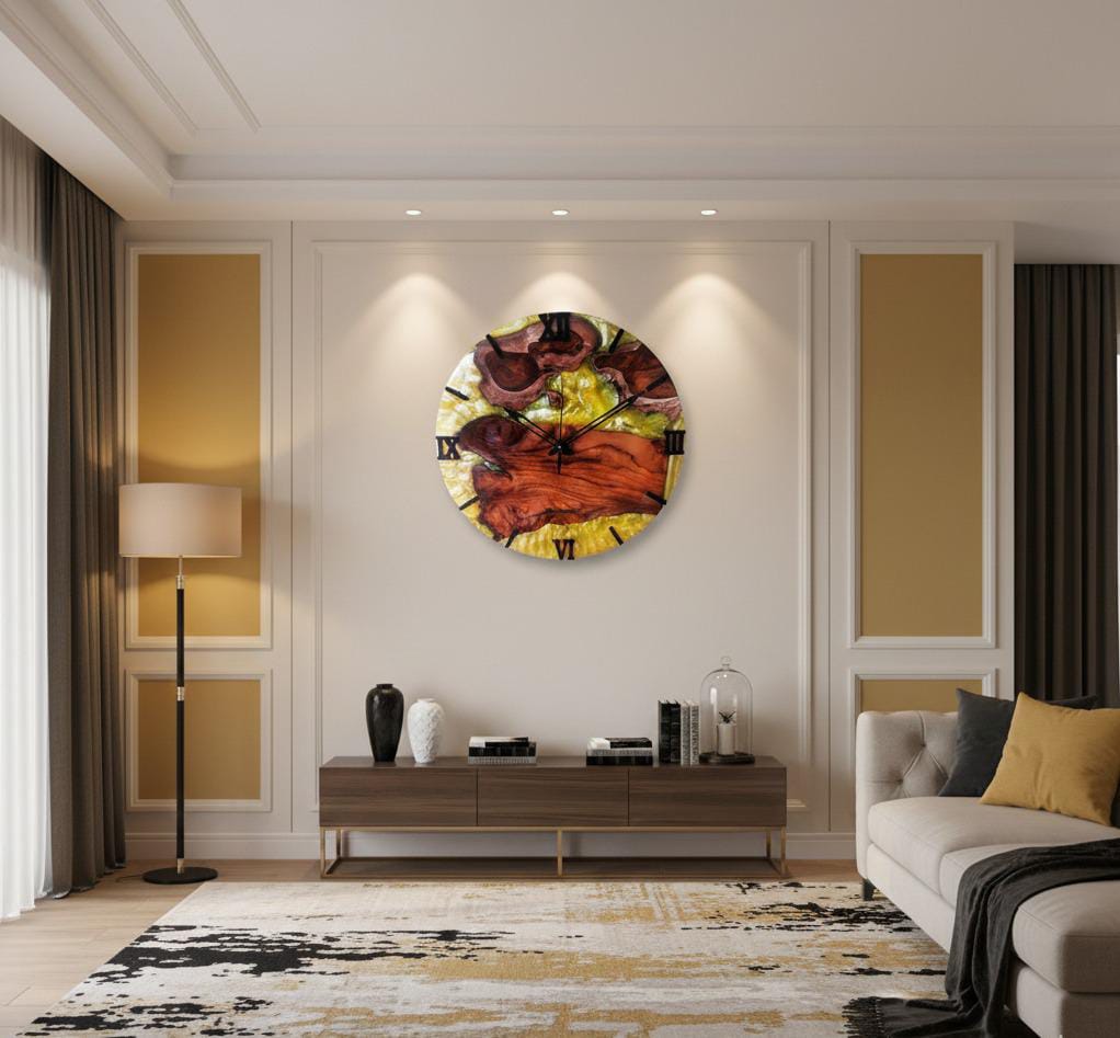 teak wood & golden epoxy resin luxury wall clock teak wood & golden epoxy resin luxury wall clock