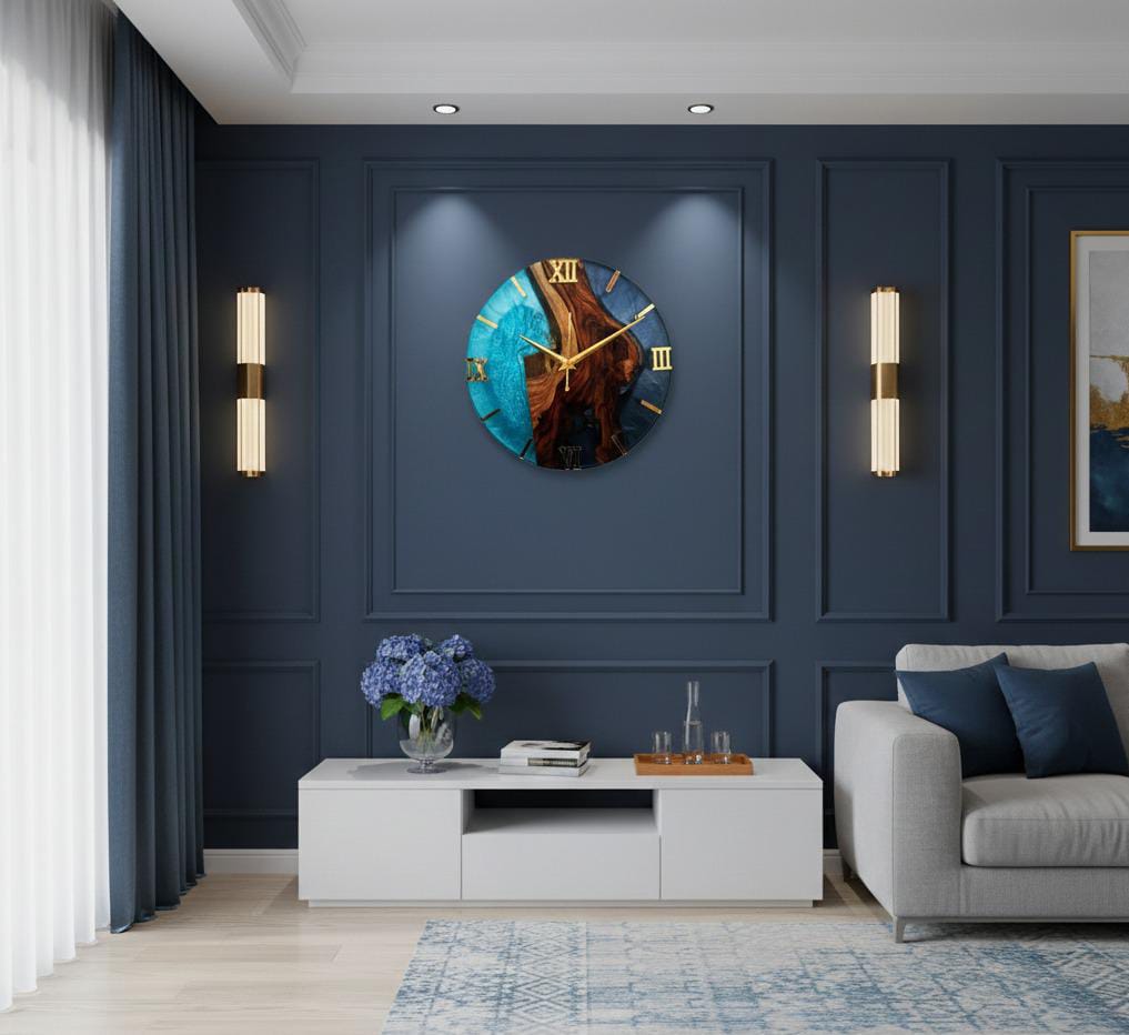 natural teak wood & ocean blue epoxy resin wall clock natural teak wood & ocean blue epoxy resin wall clock