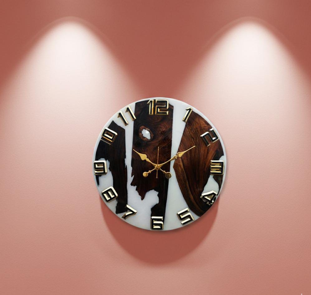 teak wood & white marble effect epoxy wall clock teak wood & white marble effect epoxy wall clock