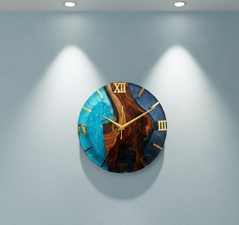 natural teak wood & ocean blue epoxy resin wall clock natural teak wood & ocean blue epoxy resin wall clock