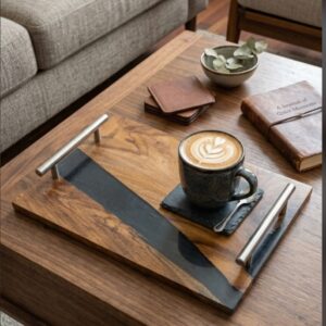 Home black resin wood & epoxy serving tray