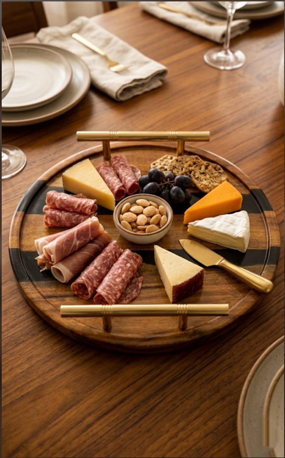 black resin wood & epoxy round serving tray with metal golden handles black resin wood & epoxy round serving tray with metal golden handles