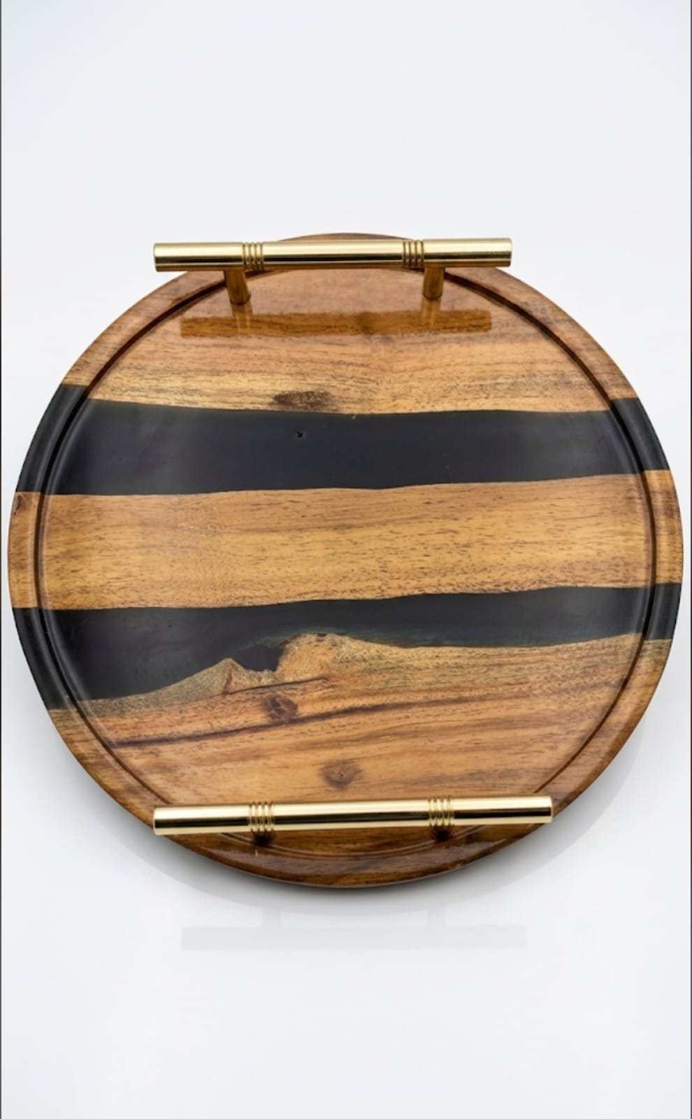 black resin wood & epoxy round serving tray with metal golden handles black resin wood & epoxy round serving tray with metal golden handles