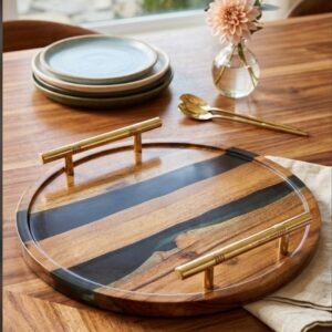 Home black resin wood & epoxy round serving tray with metal golden handles