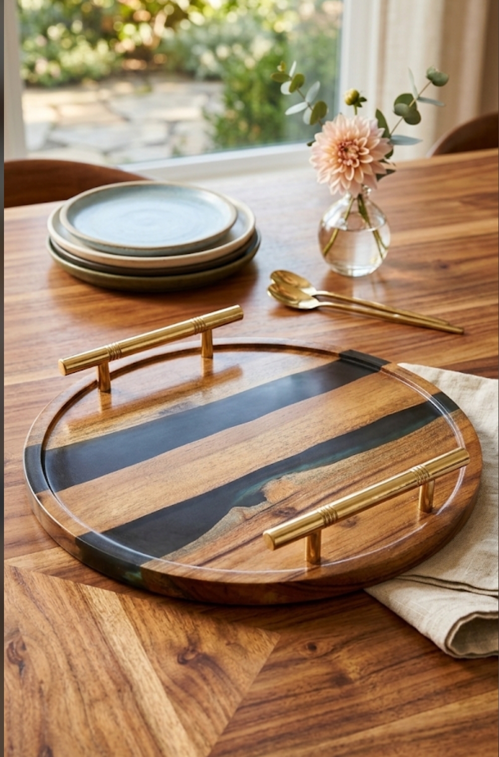 black resin wood & epoxy round serving tray with metal golden handles black resin wood & epoxy round serving tray with metal golden handles
