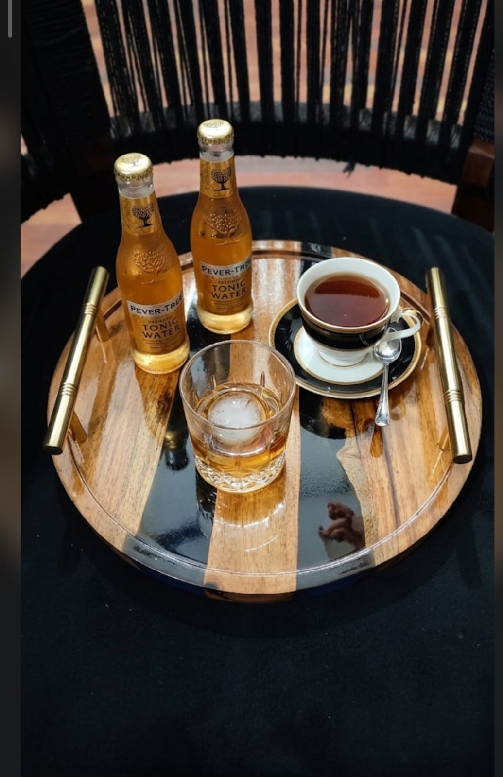 black resin wood & epoxy round serving tray with metal golden handles black resin wood & epoxy round serving tray with metal golden handles