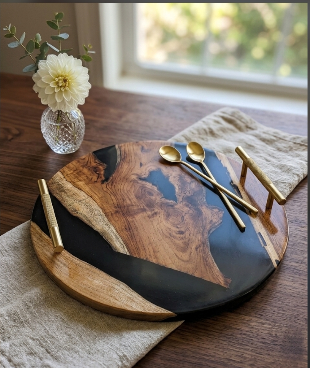 black resin wood & epoxy round serving tray with metal golden handles black resin wood & epoxy round serving tray with metal golden handles