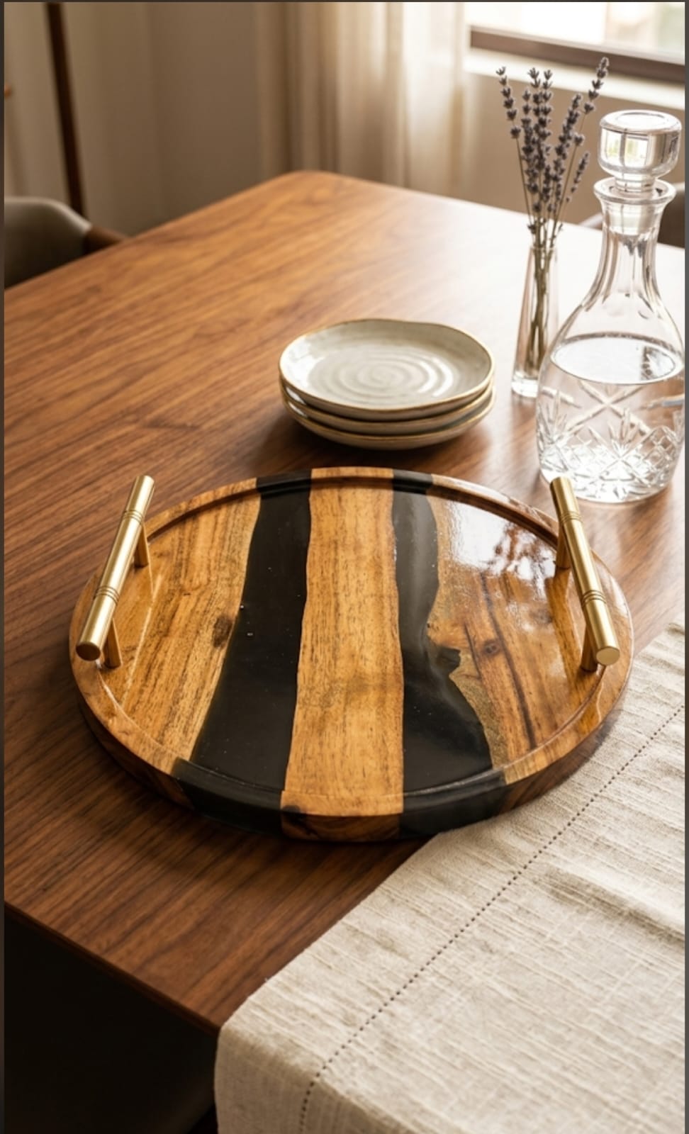 black resin wood & epoxy round serving tray with metal golden handles black resin wood & epoxy round serving tray with metal golden handles