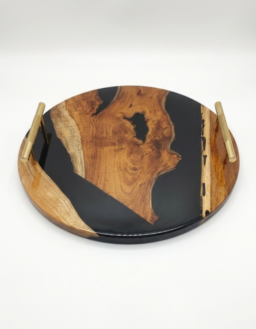 black wood & epoxy resin round serving tray with metal golden handles black wood & epoxy resin round serving tray with metal golden handles