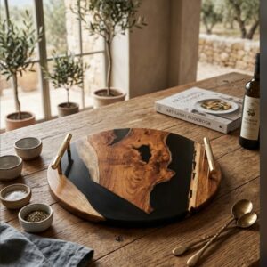 Home black wood & epoxy resin round serving tray with metal golden handles