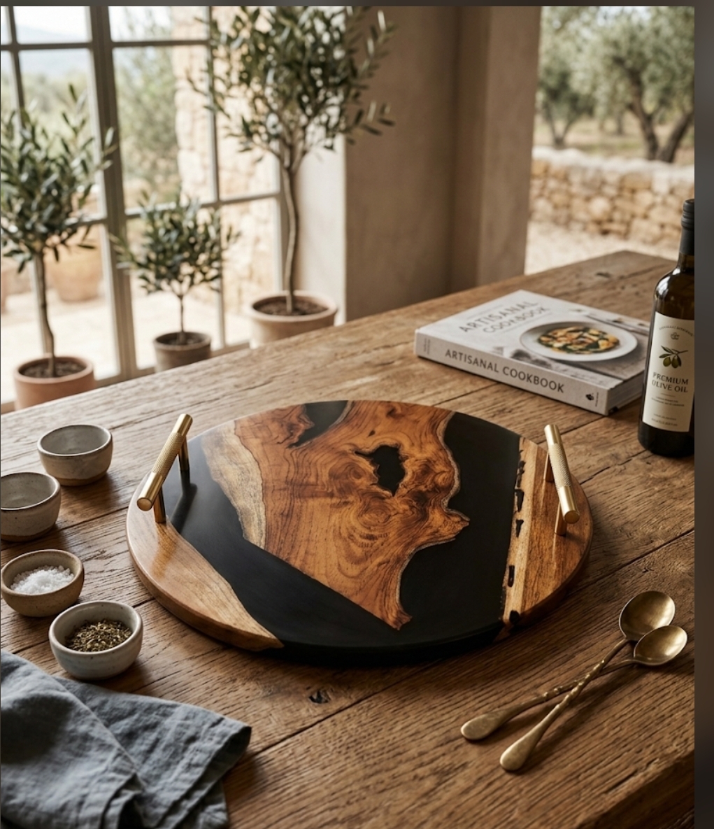 black wood & epoxy resin round serving tray with metal golden handles black wood & epoxy resin round serving tray with metal golden handles