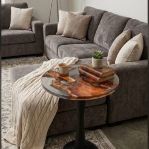 clear epoxy round table, coffee table, living room table