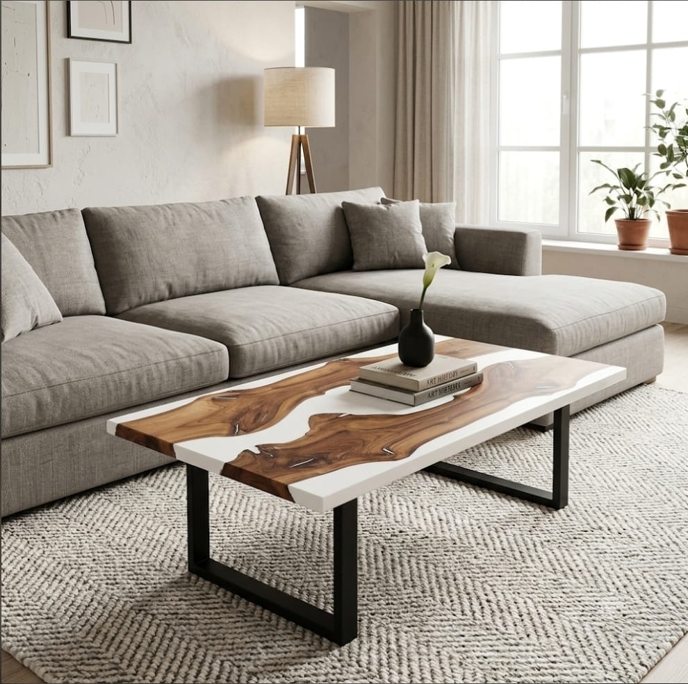 solid wood white matte resin detail coffee and center table solid wood white matte resin detail coffee and center table