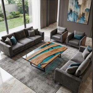 cyan blue wooden resin center and coffee table